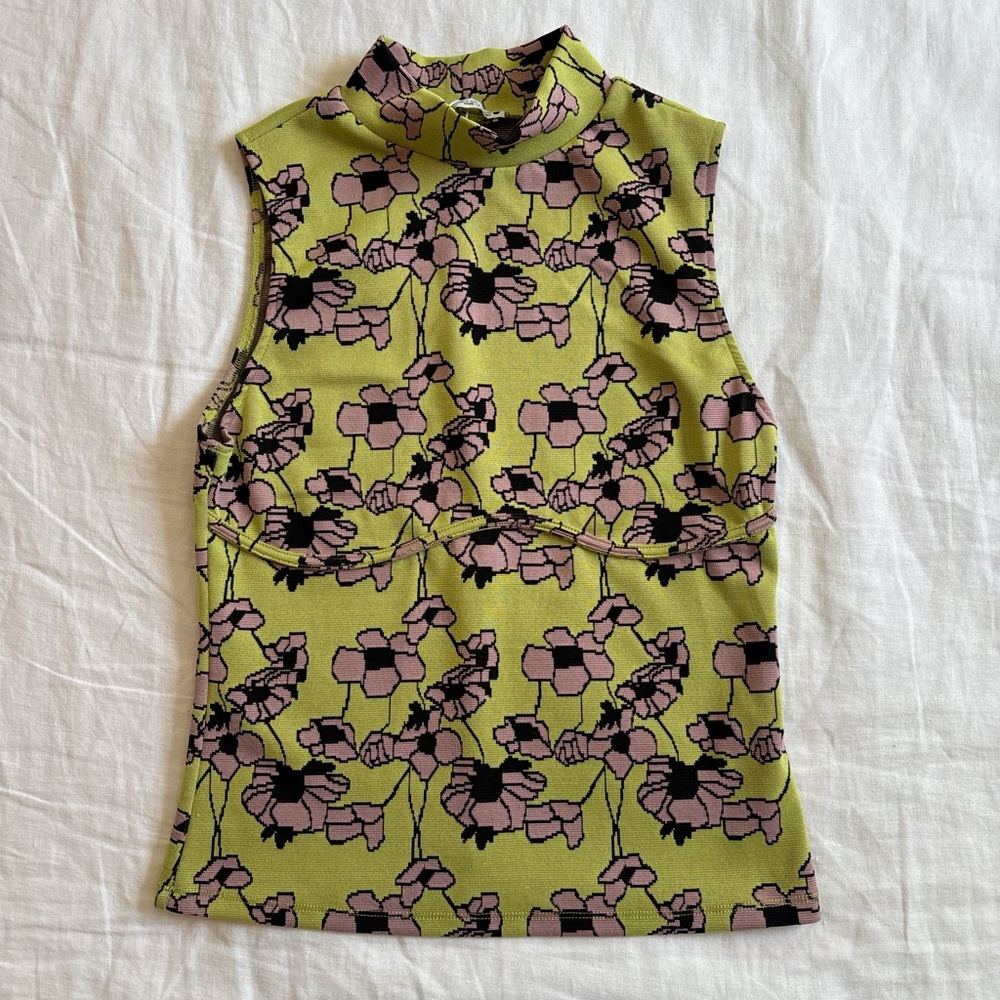 Zara Floral Jacquard Mock Neck Sleeveless Top Green/Pink Size S NWOT